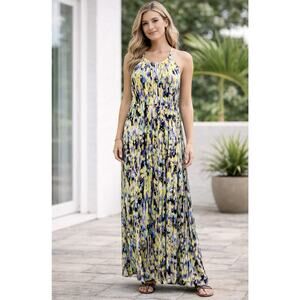 Alison Brittany Maxi Dress Women Large Yellow Purple Abstract Sleeveless Stretch